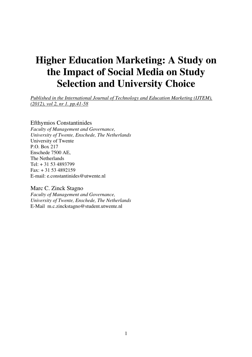 Pdf Higher Education Marketing A Study On The Impact Of Social - pdf higher education marketing a study on the impact of social media on study selection and university choice