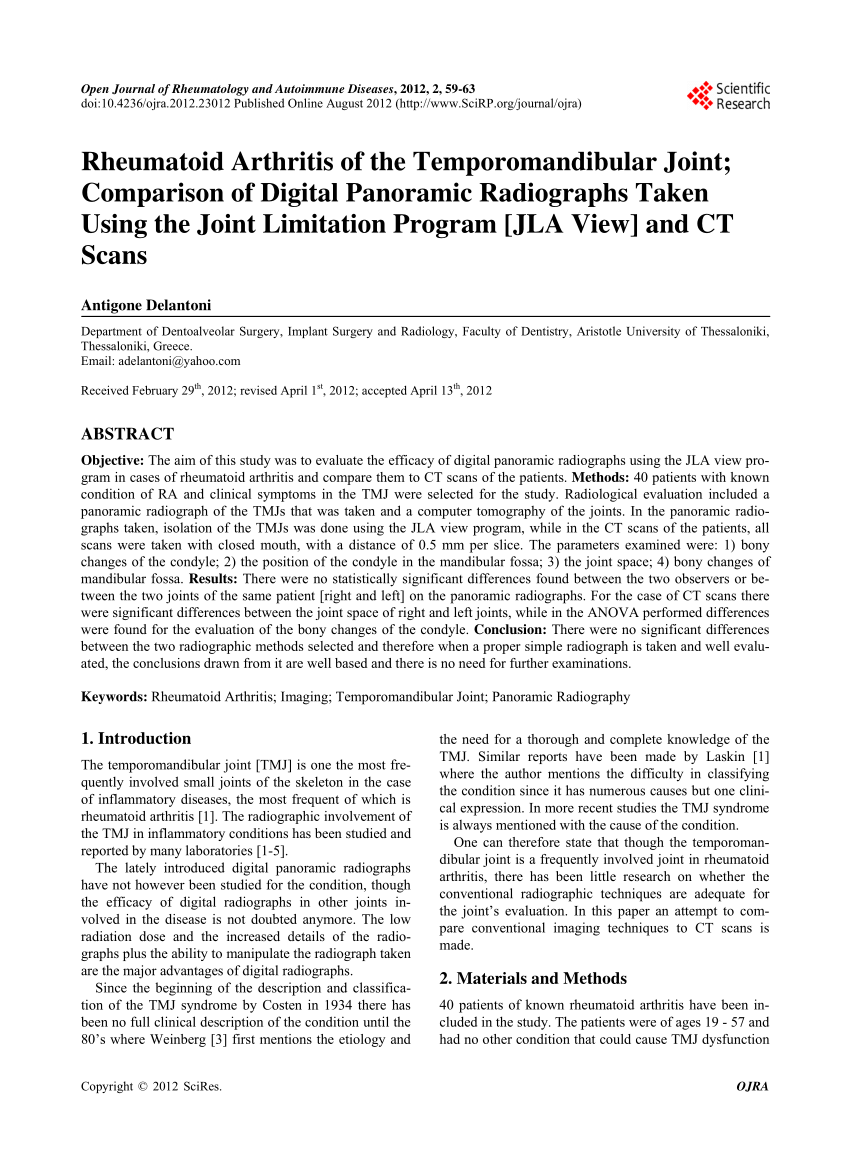 Pdf Rheumatoid Arthritis Of The Temporomandibular Joint Comparison Of Digital Panoramic 