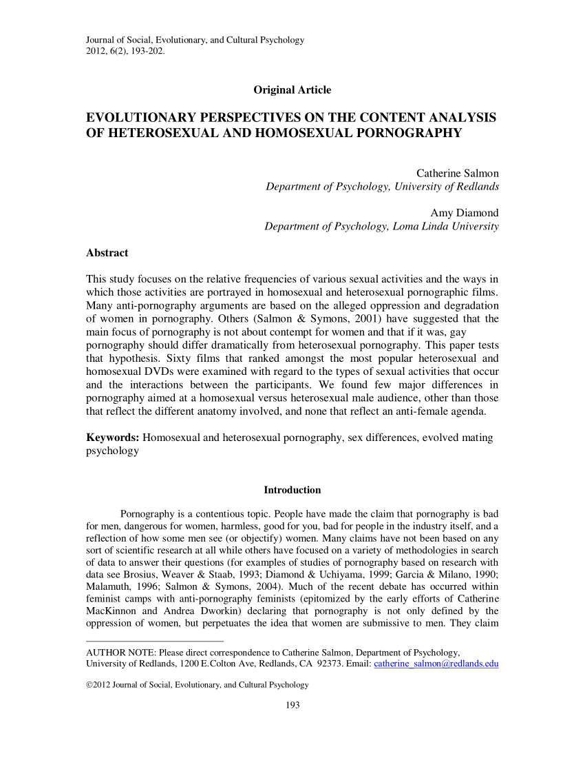 PDF) Evolutionary Perspectives on the Content Analysis of Heterosexual and Homosexual Pornography