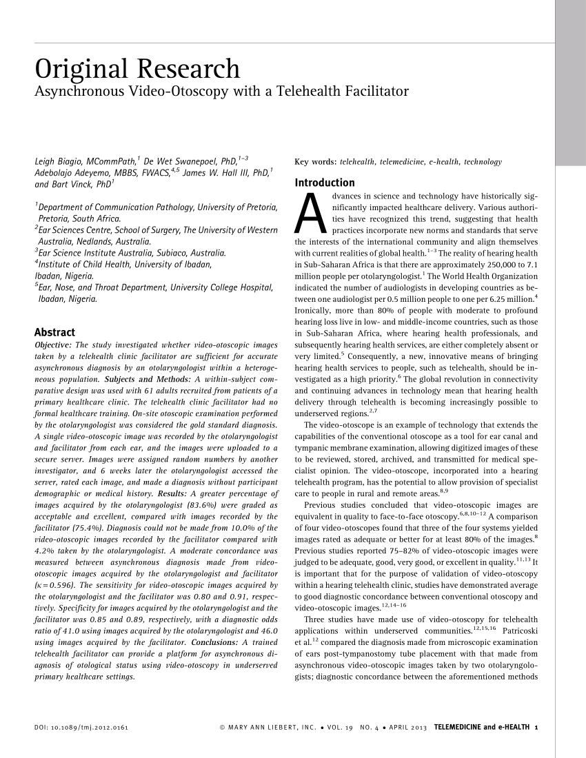 Pdf Asynchronous Video Otoscopy With A Telehealth Facilitator