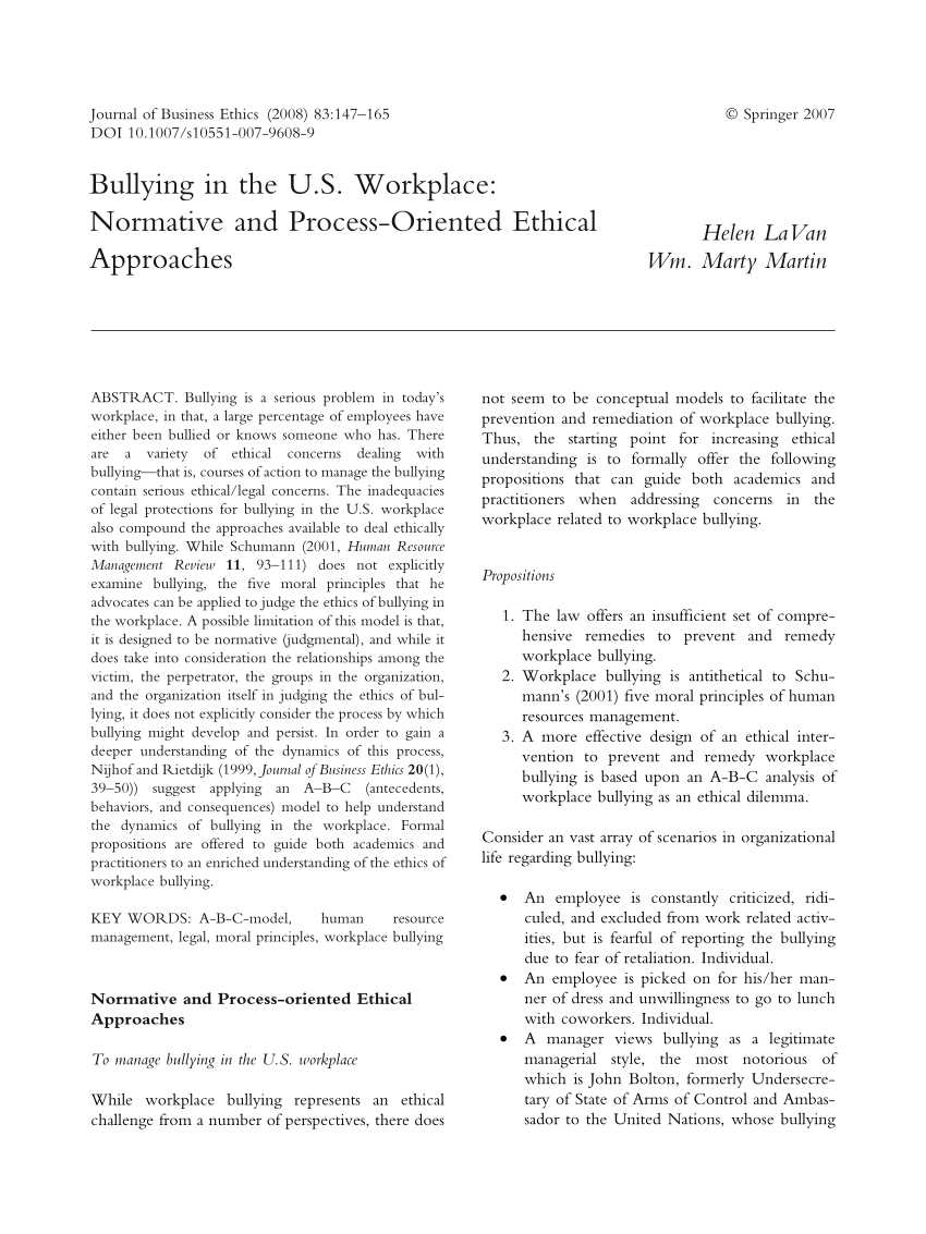 Pdf Bullying In The U S Workplace Normative And Process Oriented Ethical Approaches