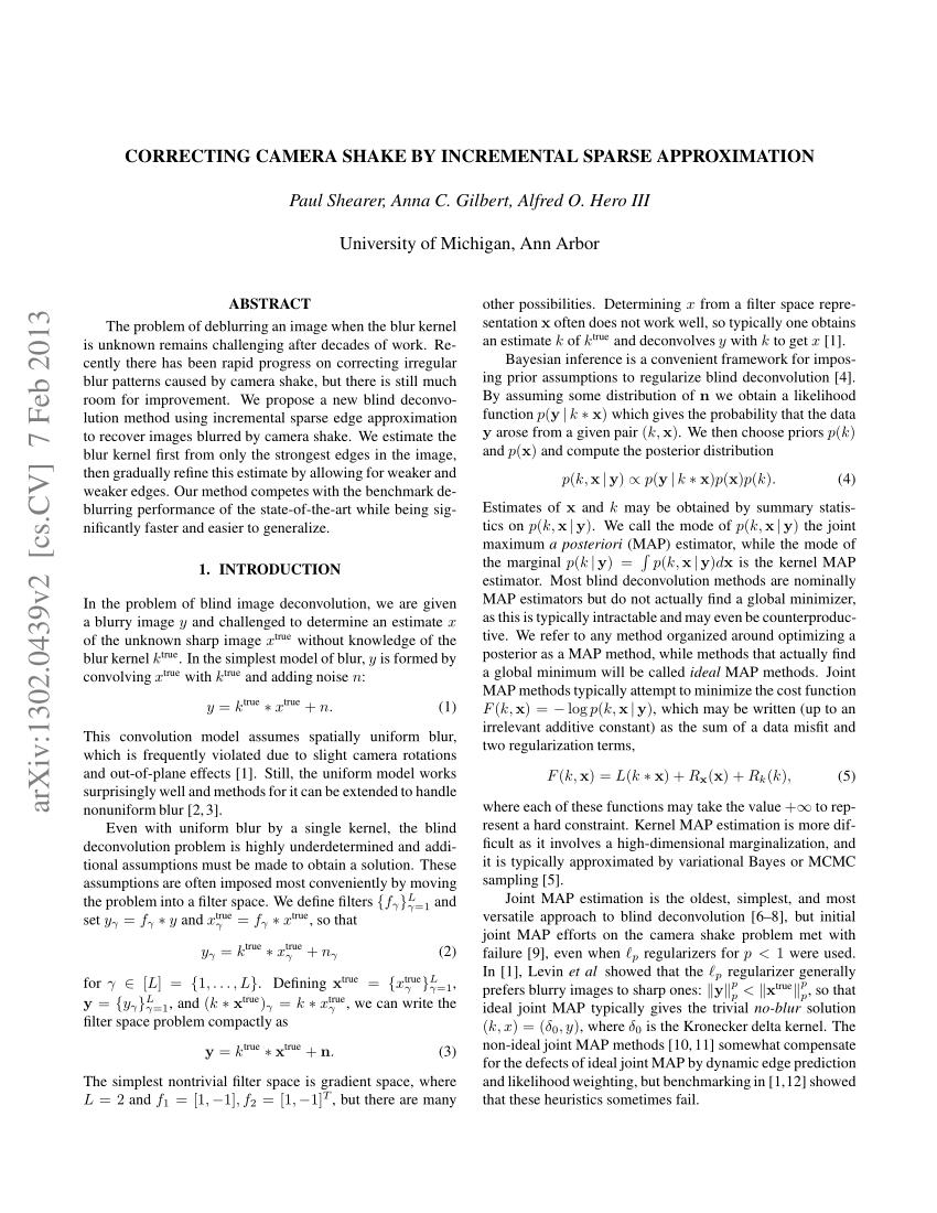 Pdf Correcting Camera Shake By Incremental Sparse Approximation