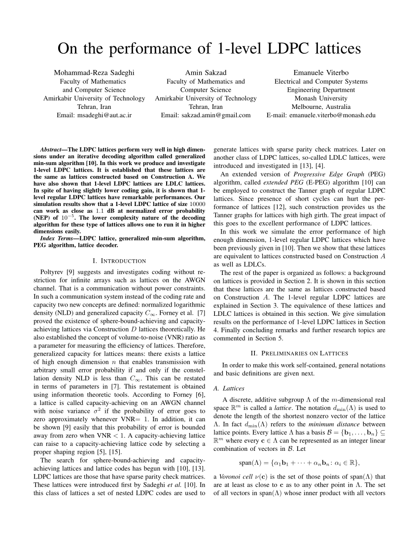 Pdf On The Performance Of 1 Level Ldpc Lattices