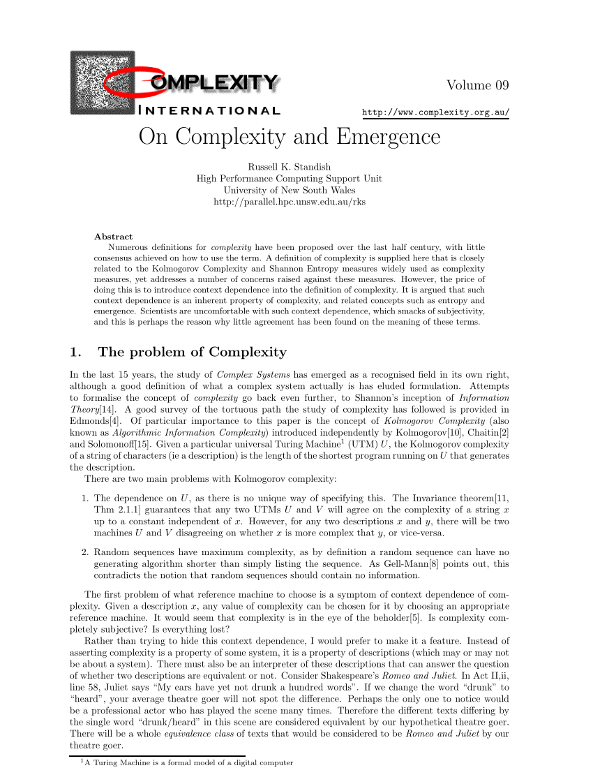 Pdf On Complexity And Emergence