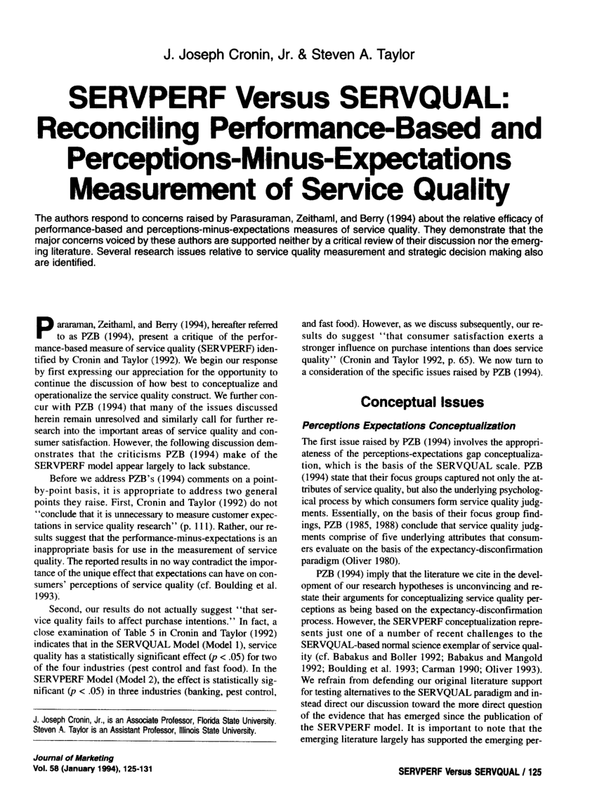 PDF) SERVPERF Versus SERVQUAL: Reconciling Performance-Based and  Perceptions-Minus-Expectations Measurement of Service Quality