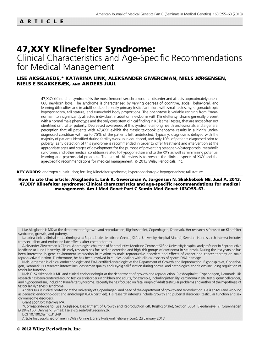 47 Xxy Klinefelter Syndrome Clinical Characteristics And