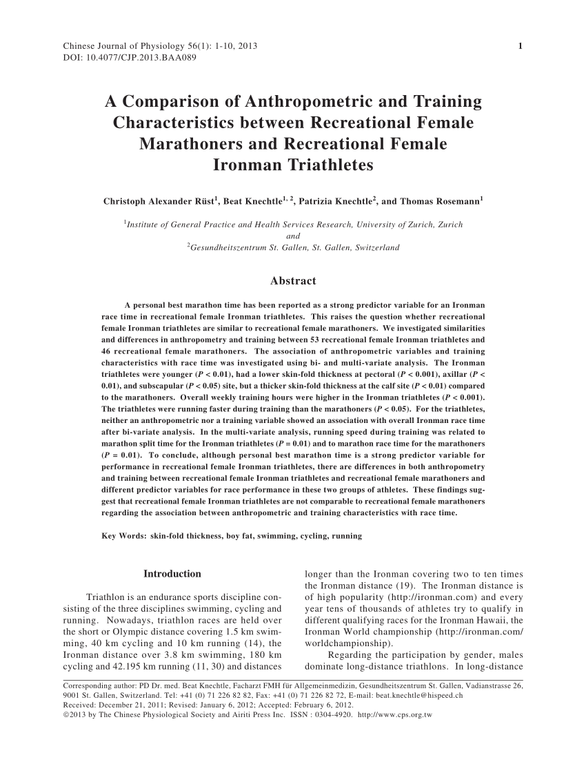 PDF) A Comparison of Anthropometric and Training Characteristics between  Recreational Female Marathoners and Recreational Female Ironman Triathletes