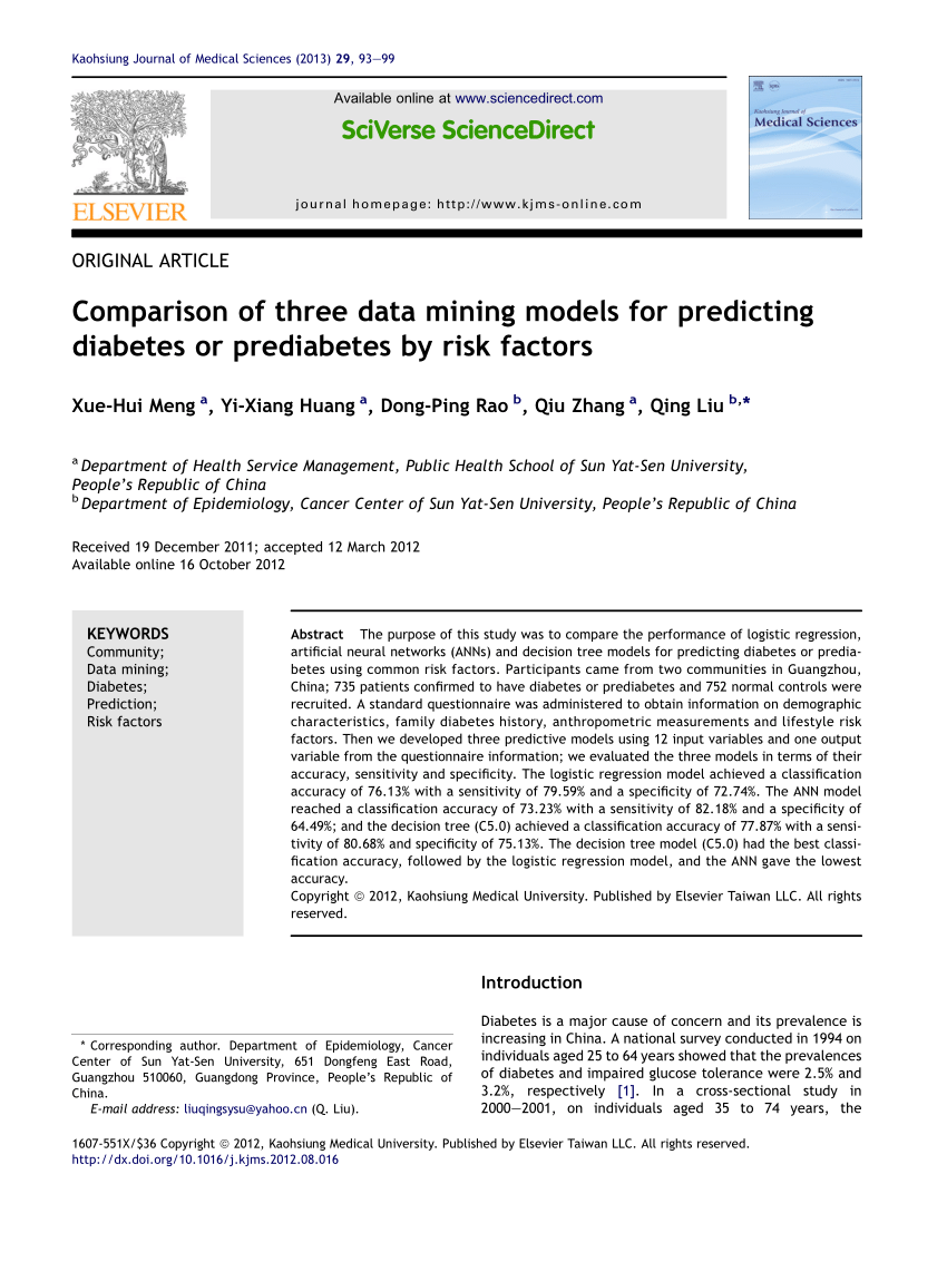 Pdf Comparison Of Three Data Mining Models For Predicting Diabetes Or Prediabetes By Risk Factors