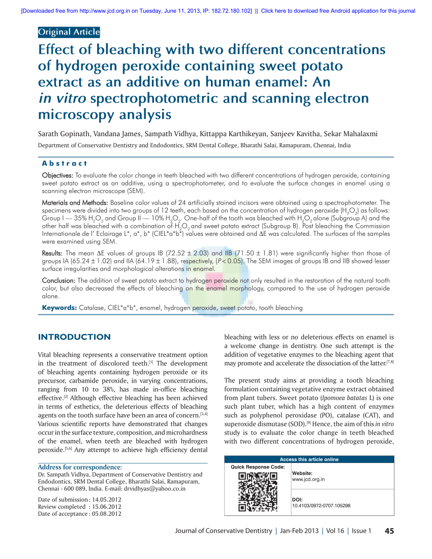 Pdf Effect Of Bleaching With Two Different Concentrations Of Hydrogen Peroxide Containing Sweet Potato Extract As An Additive On Human Enamel An In Vitro Spectrophotometric And Scanning Electron Microscopy Analysis
