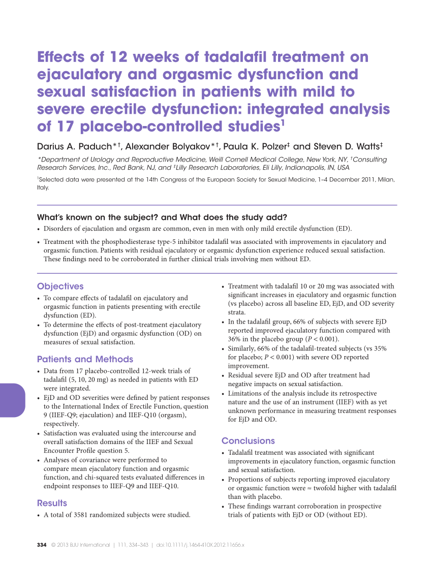 Pdf Effects Of 12 Weeks Of Tadalafil Treatment On Ejaculatory And Orgasmic Dysfunction And Sexual Satisfaction In Patients With Mild To Severe Erectile Dysfunction Integrated Analysis Of 17 Placebo Controlled Studies