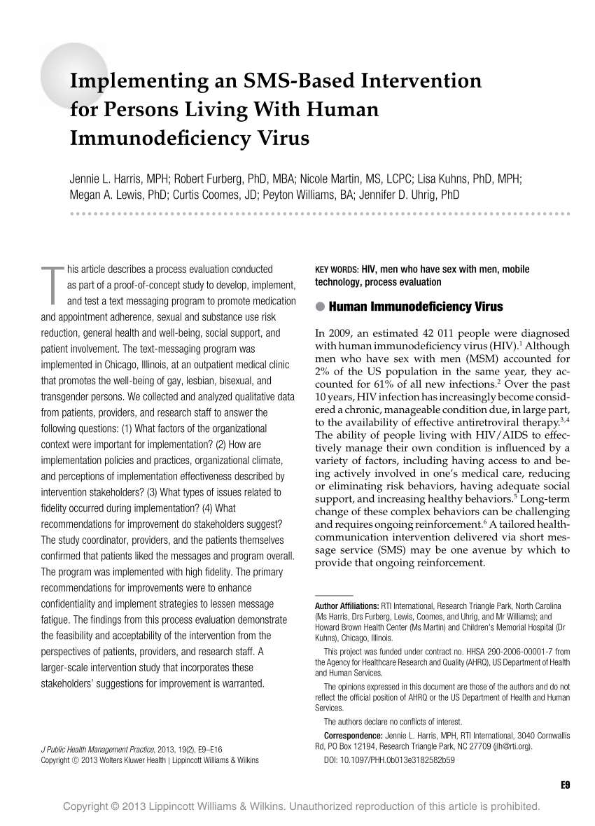 PDF) Implementing an SMS-Based Intervention for Persons Living With Human  Immunodeficiency Virus