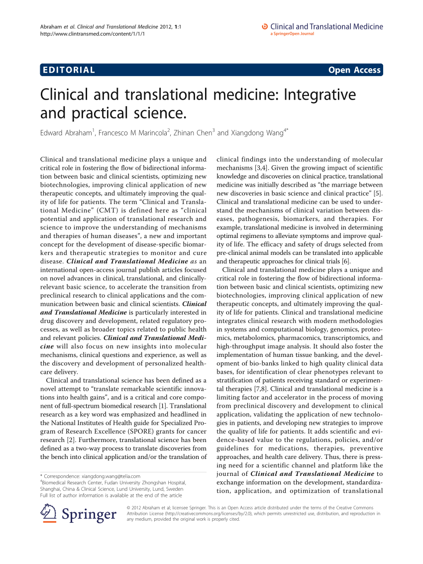 Pdf Clinical And Translational Medicine Integrative And Practical Science