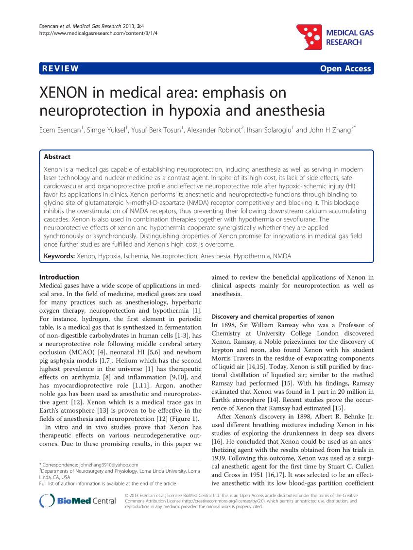 Pdf Xenon In Medical Area Emphasis On Neuroprotection In Hypoxia And Anesthesia