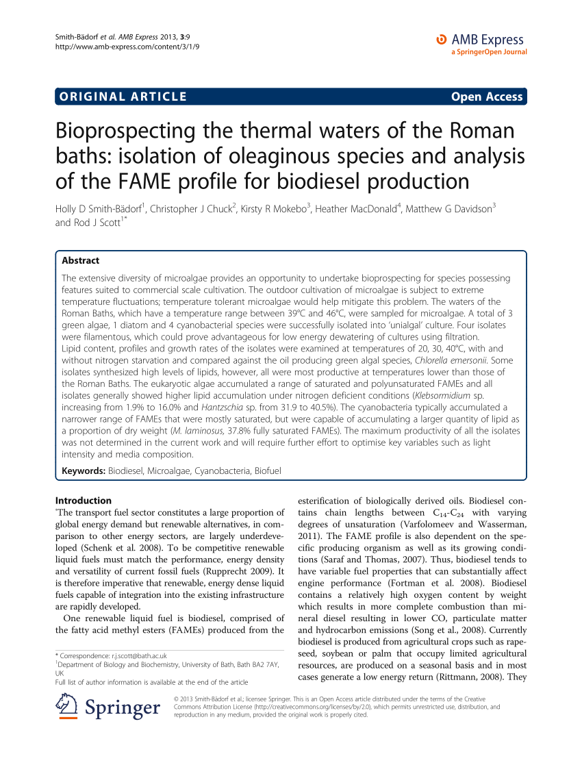 Pdf Bioprospecting The Thermal Waters Of The Roman Baths Isolation Of Oleaginous Species And Analysis Of The Fame Profile For Biodiesel Production