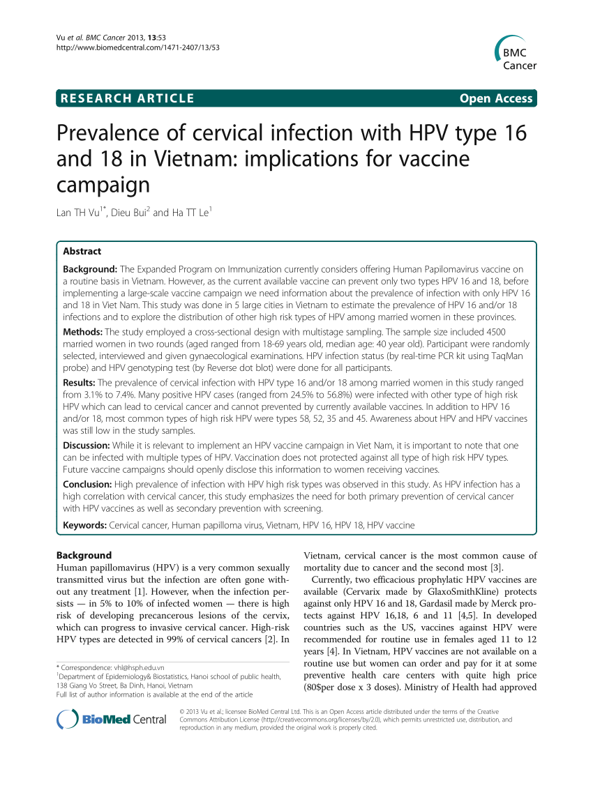 Pdf Prevalence Of Cervical Infection With Hpv Type 16 And 18 In