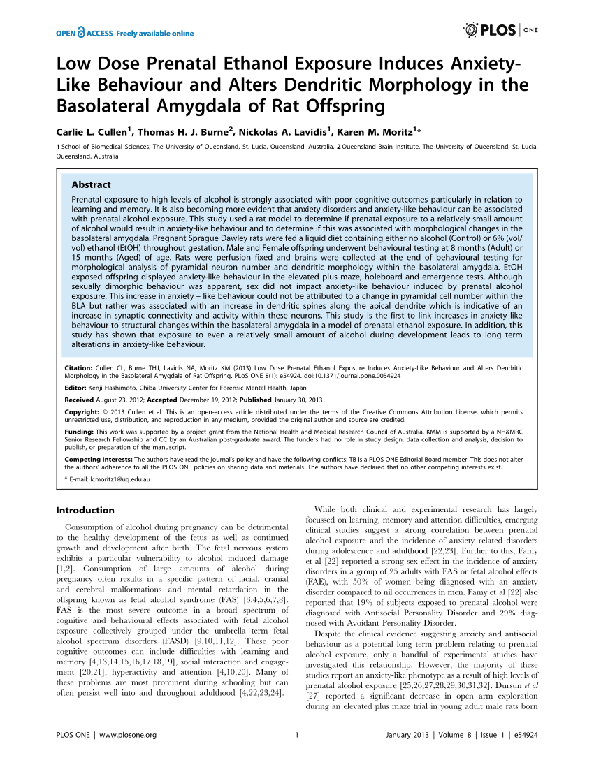 Pdf Low Dose Prenatal Ethanol Exposure Induces Anxiety Like Behaviour And Alters Dendritic 8163