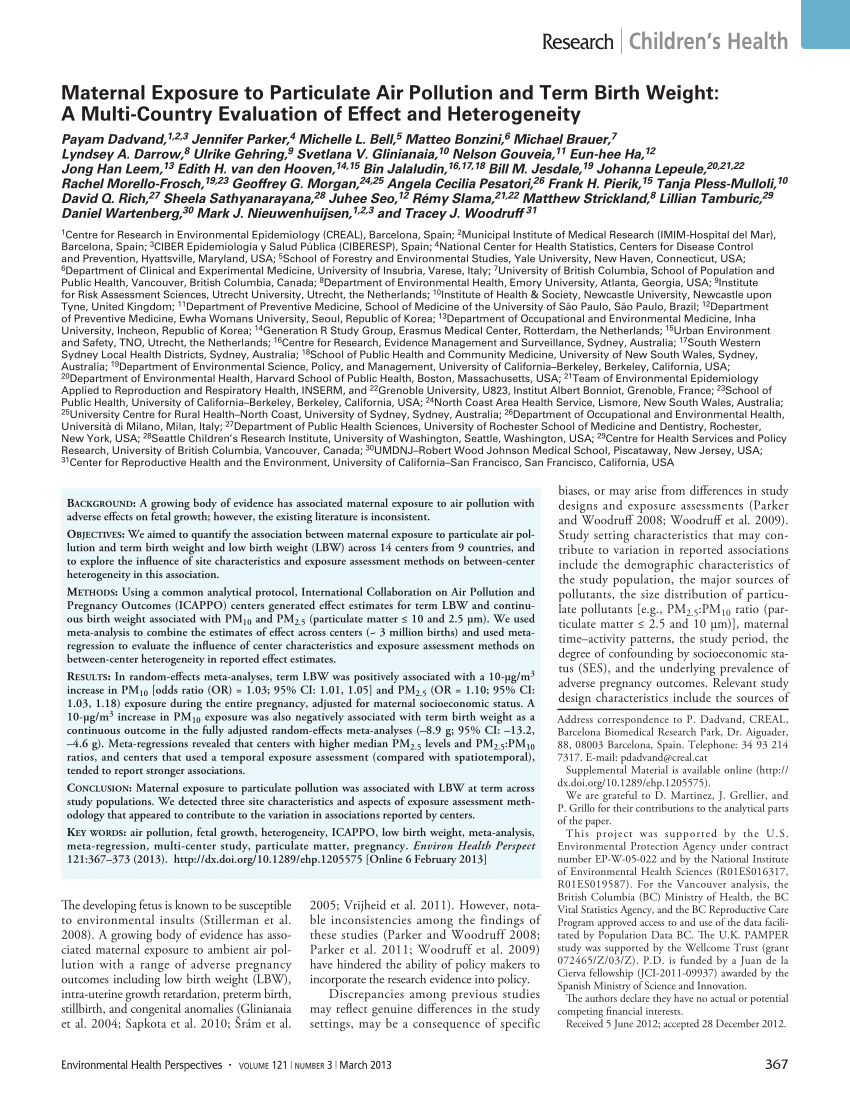 Pdf Maternal Exposure To Particulate Air Pollution And Term Birth Weight A Multi Country 0725