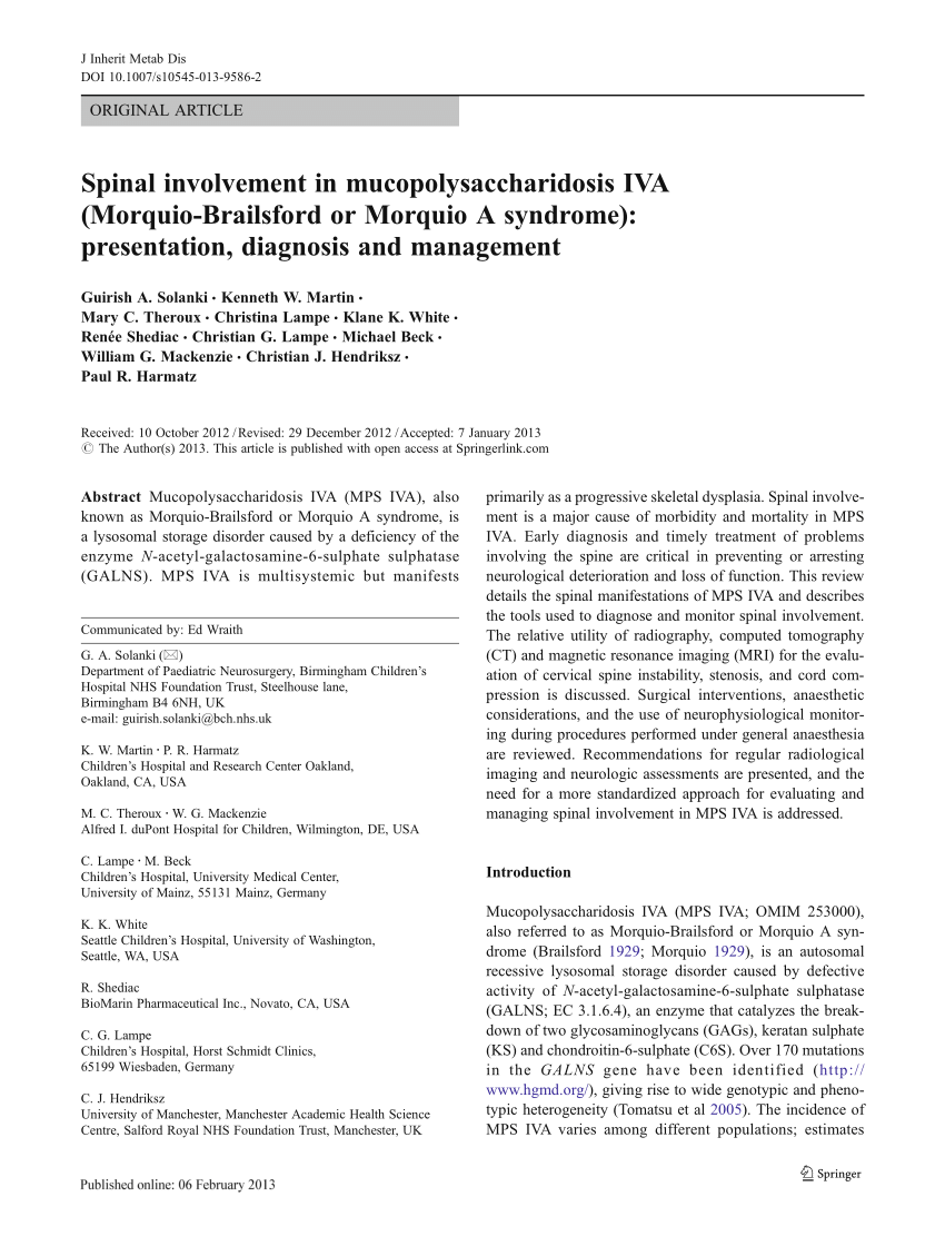 pdf spinal involvement in mucopolysaccharidosis iva morquio brailsford or morquio a syndrome presentation diagnosis and management