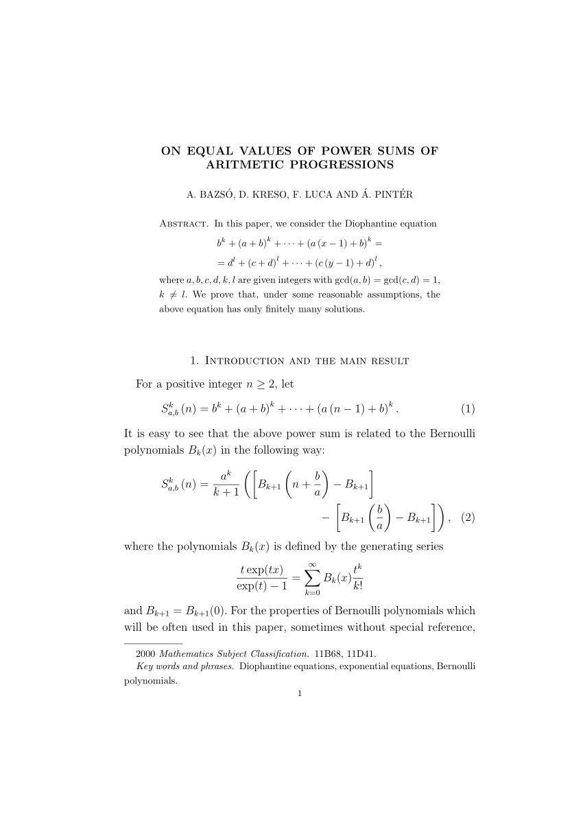 Pdf On Equal Values Of Power Sums Of Arithmetic Progressions