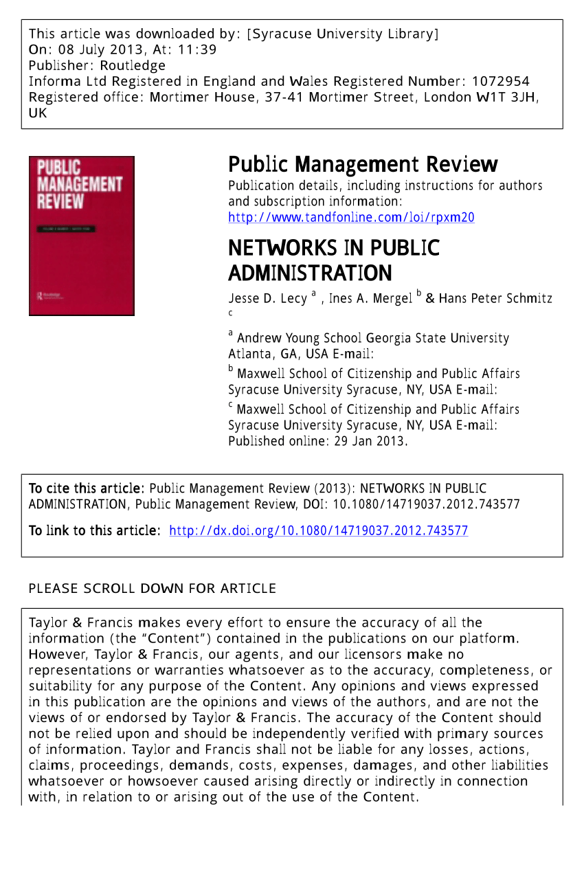 Pdf Networks In Public Administration Current Scholarship In Review