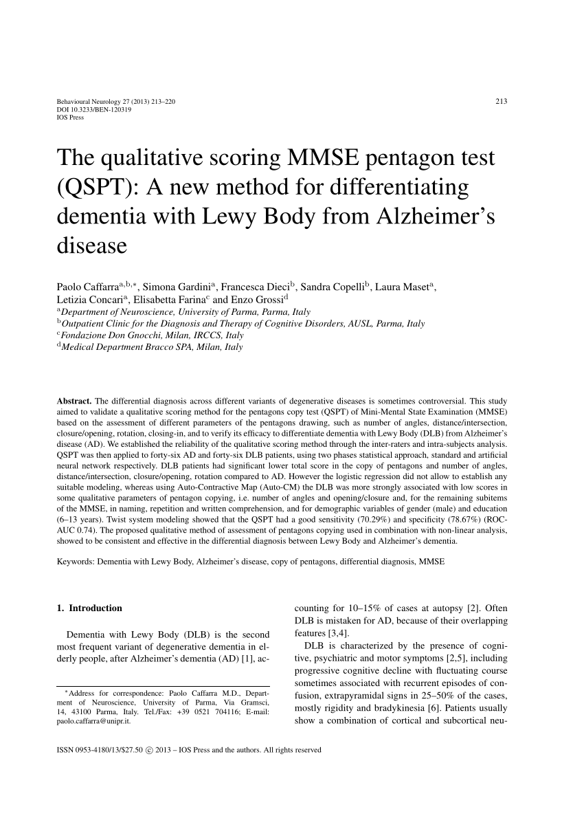 Pdf The Qualitative Scoring Mmse Pentagon Test Qspt A New Method For Differentiating Dementia With Lewy Body From Alzheimer S Disease