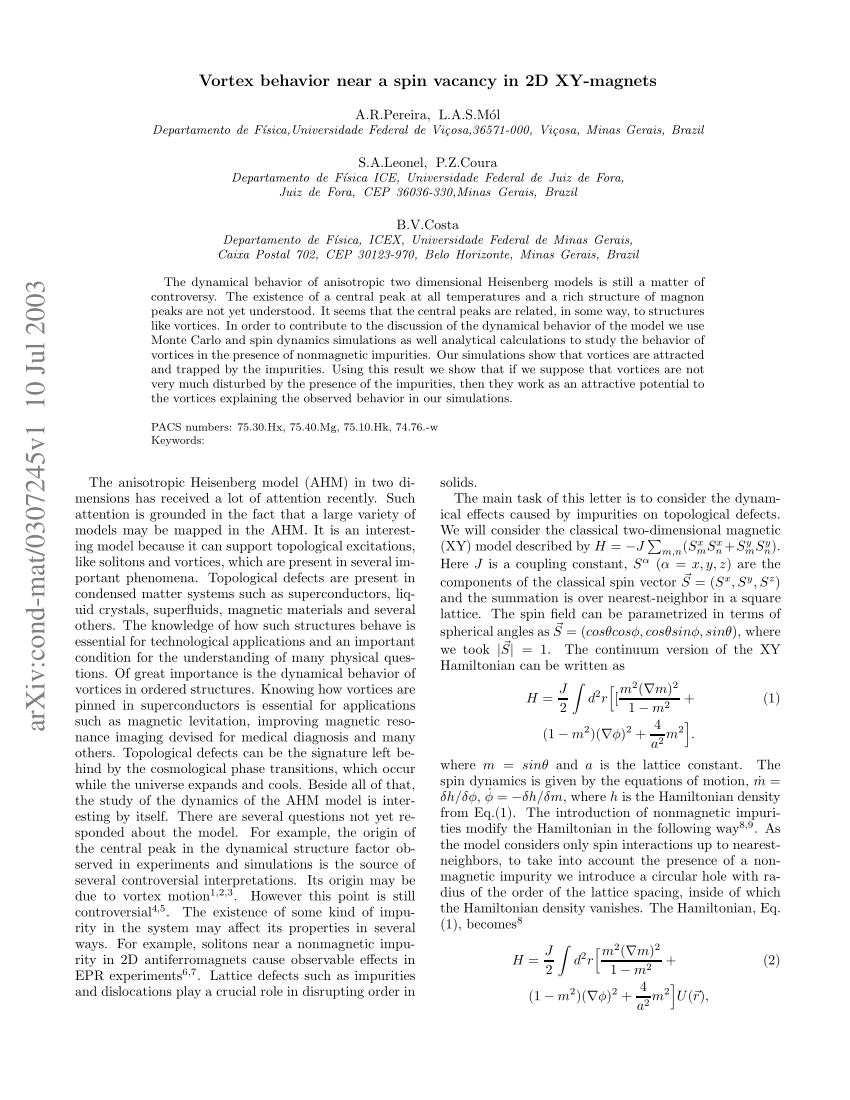 Pdf Vortex Behavior Near A Spin Vacancy In Two Dimensional Xy Magnets