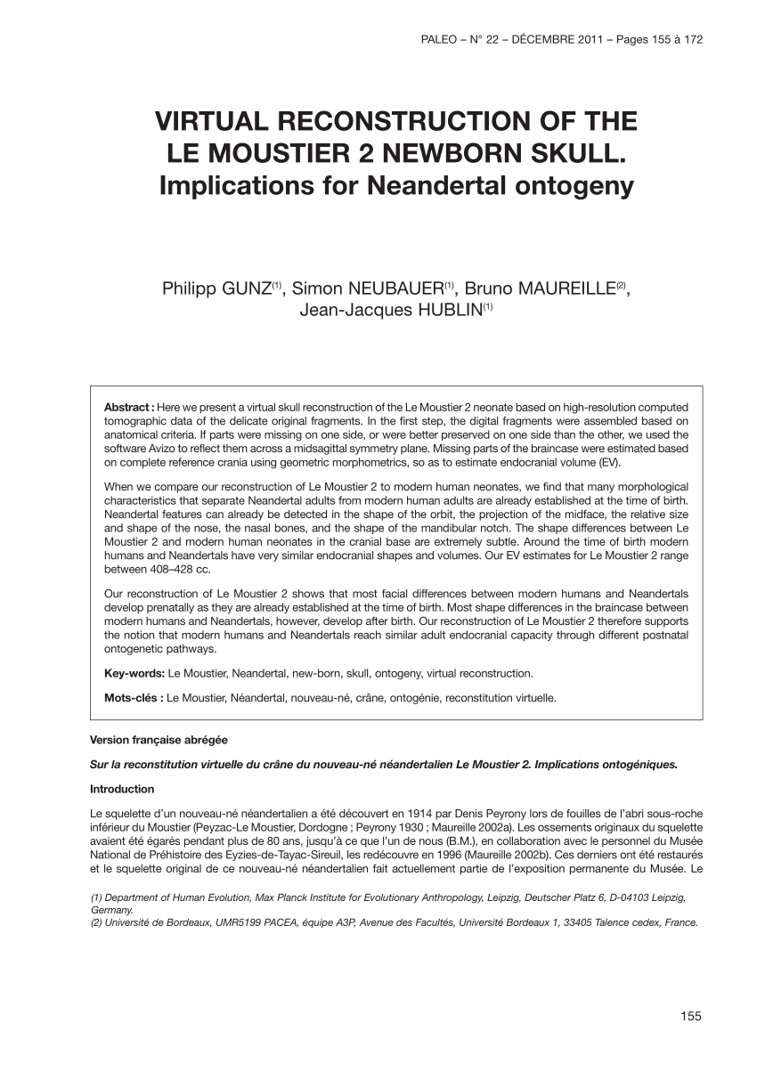 Pdf Virtual Reconstruction Of The Le Moustier 2 Newborn Skull Implications For Neandertal Ontogeny