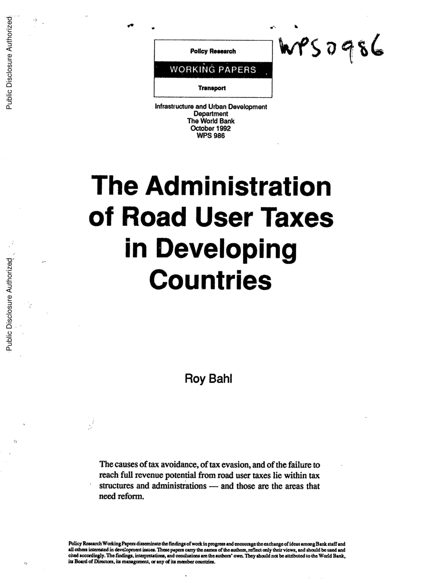 Pdf The Administration Of Road User Taxes In Developing Countries