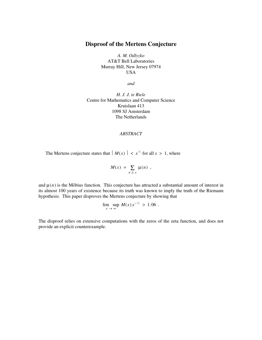 Pdf Disproof Of The Mertens Conjecture