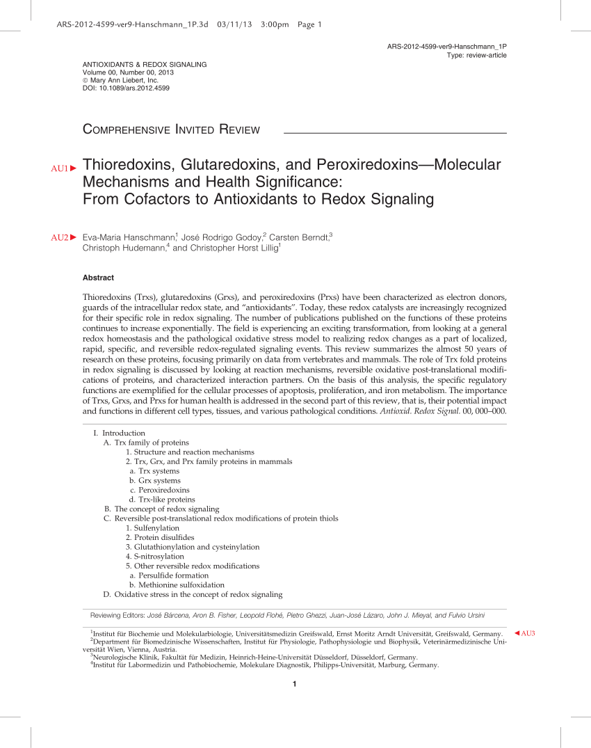 PDF) Thioredoxins, Glutaredoxins, and Peroxiredoxins-Molecular 