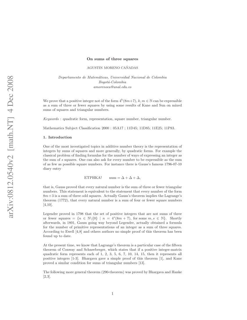 Lagrange's three square theorem 