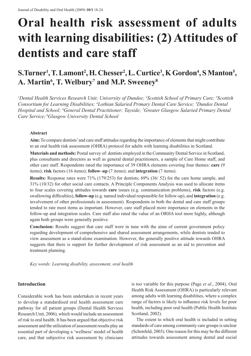 Pdf Oral Health Risk Assessment Of Adults With Learning Disabilities 2 Attitudes Of Dentists And Care Staff