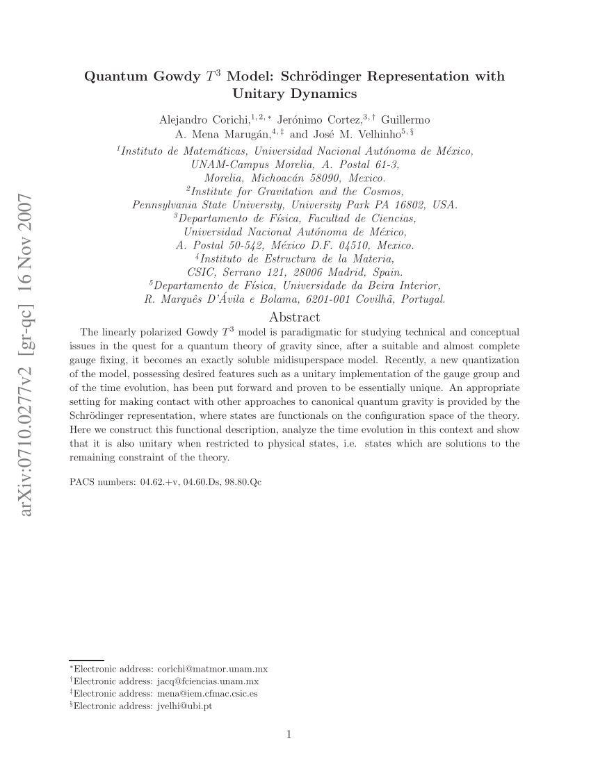 Pdf Quantum Gowdy T 3 Model Schrodinger Representation With Unitary Dynamics