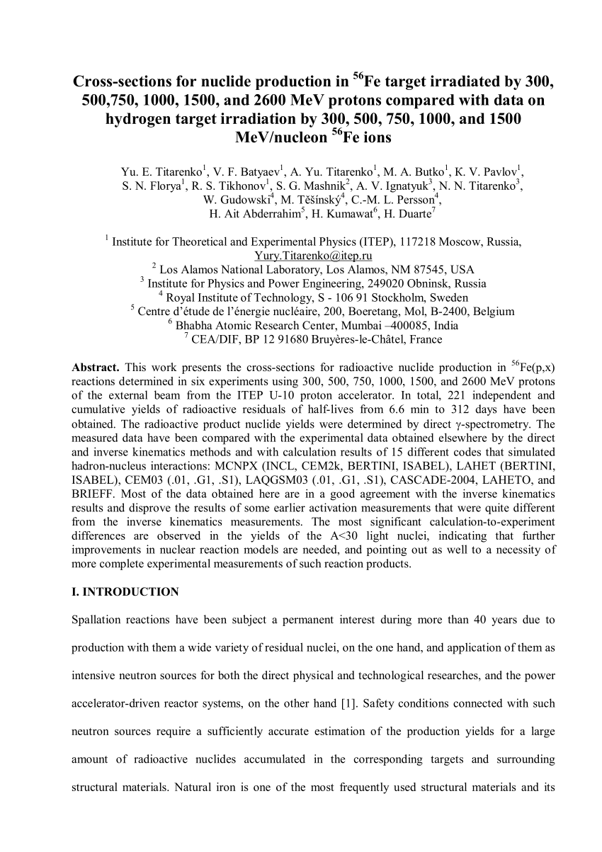 Pdf Cross Sections For Nuclide Production In A 56 Fe Target Irradiated By 300 500 750 1000 1500 And 2600 Mev Protons Compared With Data On A Hydrogen Target Irradiated By 300 500 750 1000 And 1500 Mev Nucleon 56 Fe Ions
