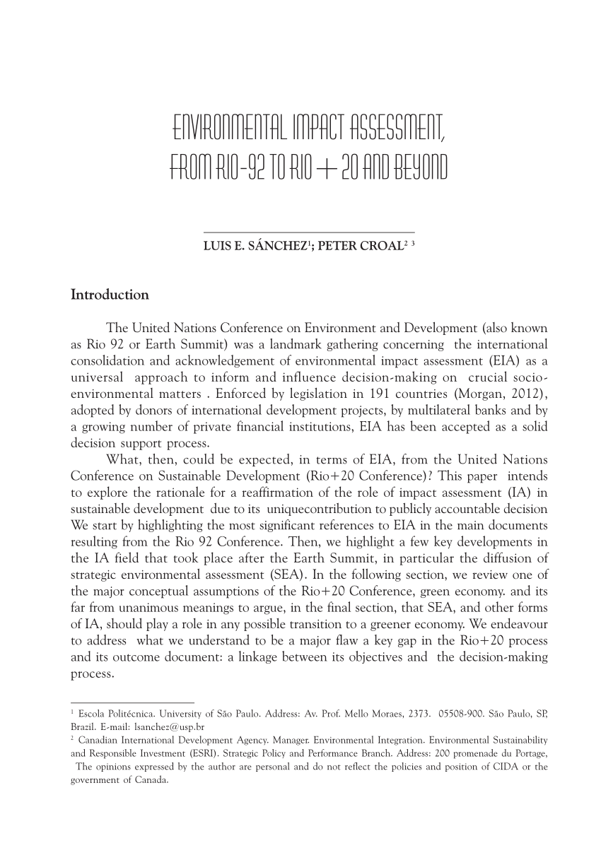 Pdf Environmental Impact Assessment From Rio 92 To Rio And Beyond