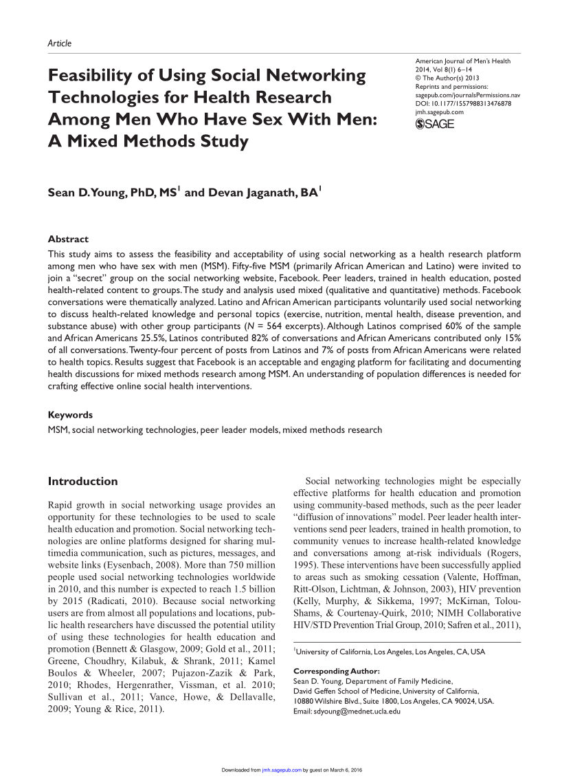 Pdf Feasibility Of Using Social Networking Technologies For Health Research Among Men Who Have 1991