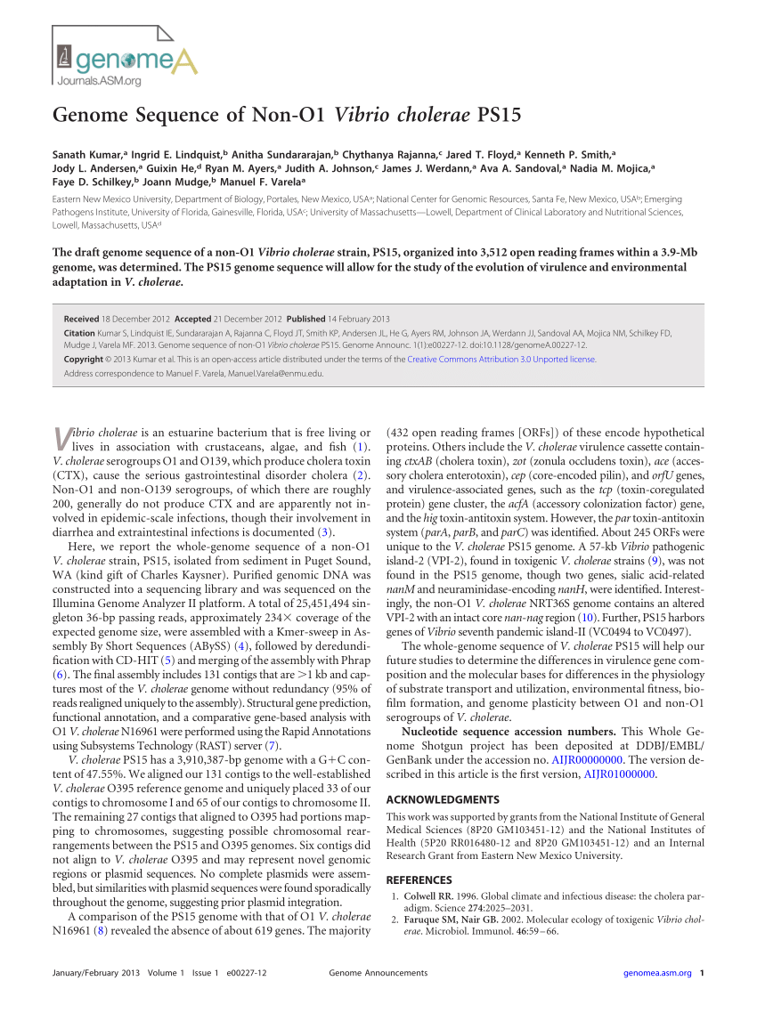 PDF) Genome sequence of Non-O1 Vibrio cholerae PS15