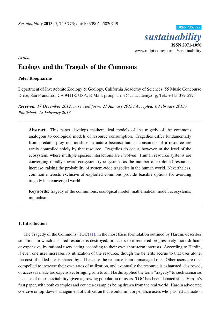 Pdf Ecology And The Tragedy Of The Mons