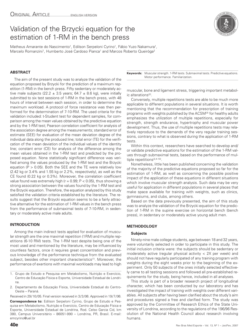 PDF] Validation of the Brzycki equation for the estimation of 1-RM