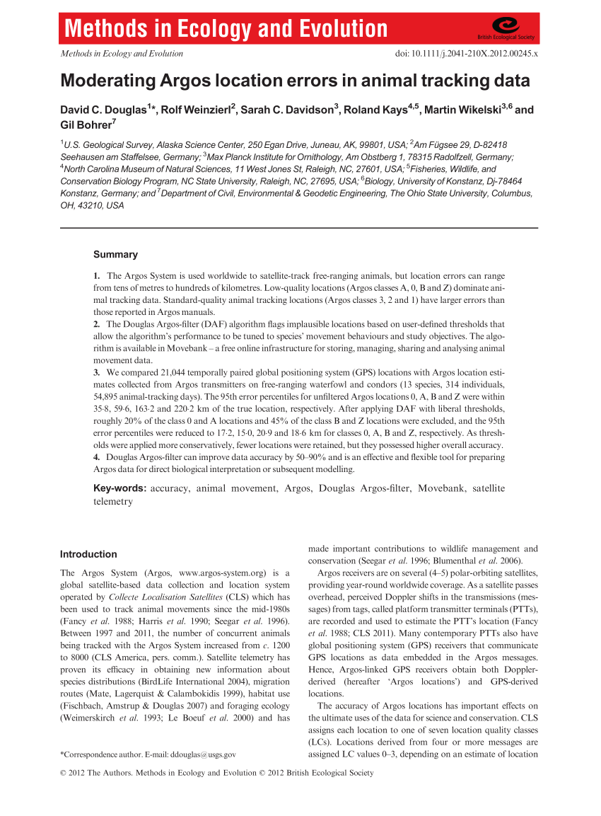 Pdf Moderating Argos Location Errors In Animal Tracking Data