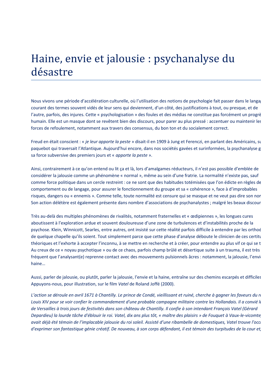 Pdf Haine Envie Jalousie Psychanalyse Du Desastre