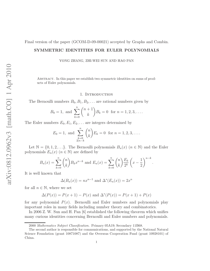 Pdf Symmetric Identities For Euler Polynomials