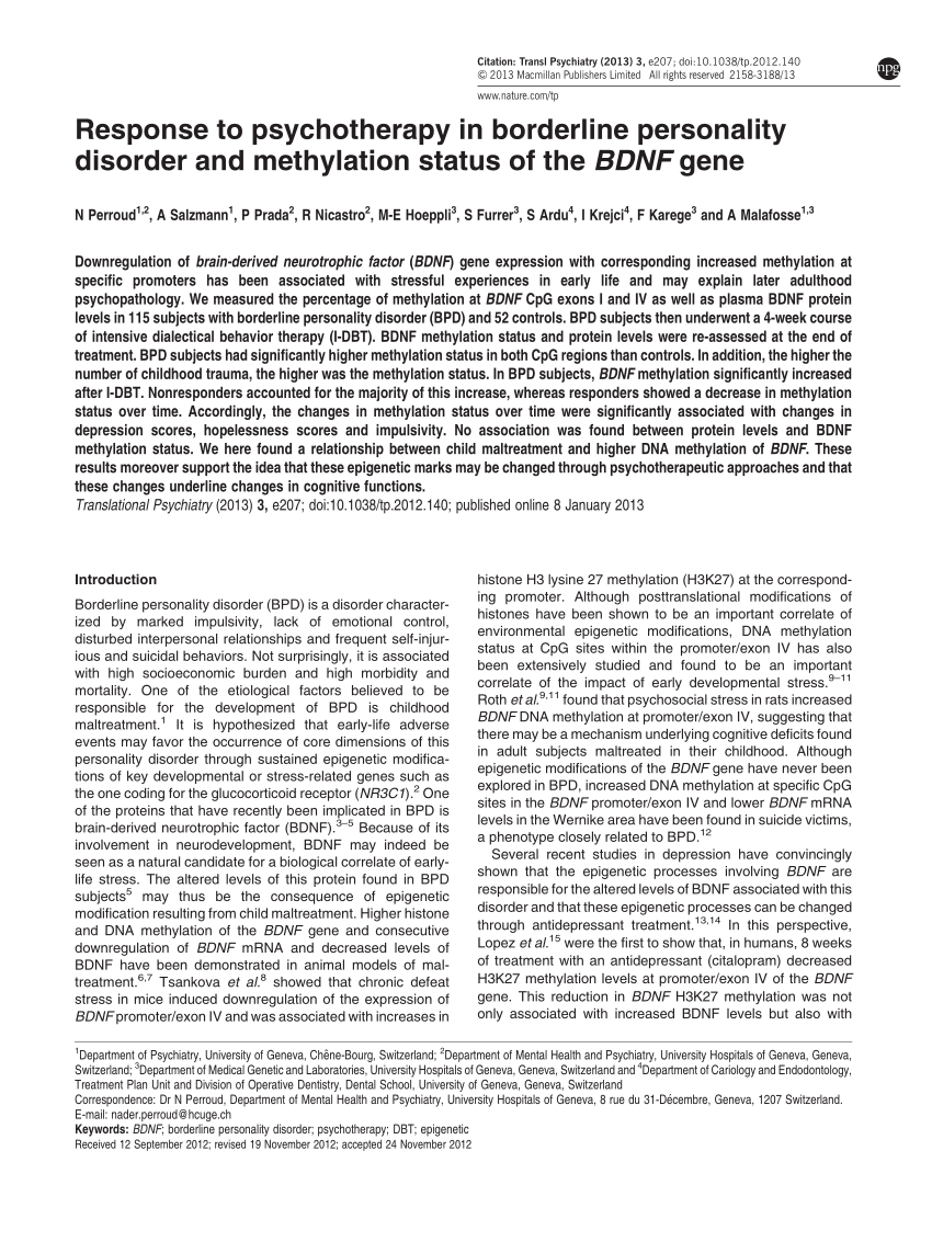 Pdf Response To Psychotherapy In Borderline Personality Disorder And Methylation Status Of The nf Gene