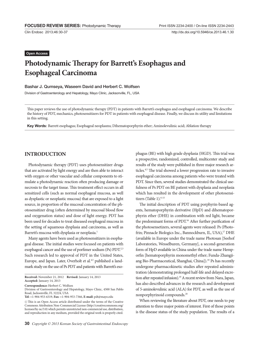 (PDF) Photodynamic Therapy for Barrett's Esophagus and Esophageal Carcinoma