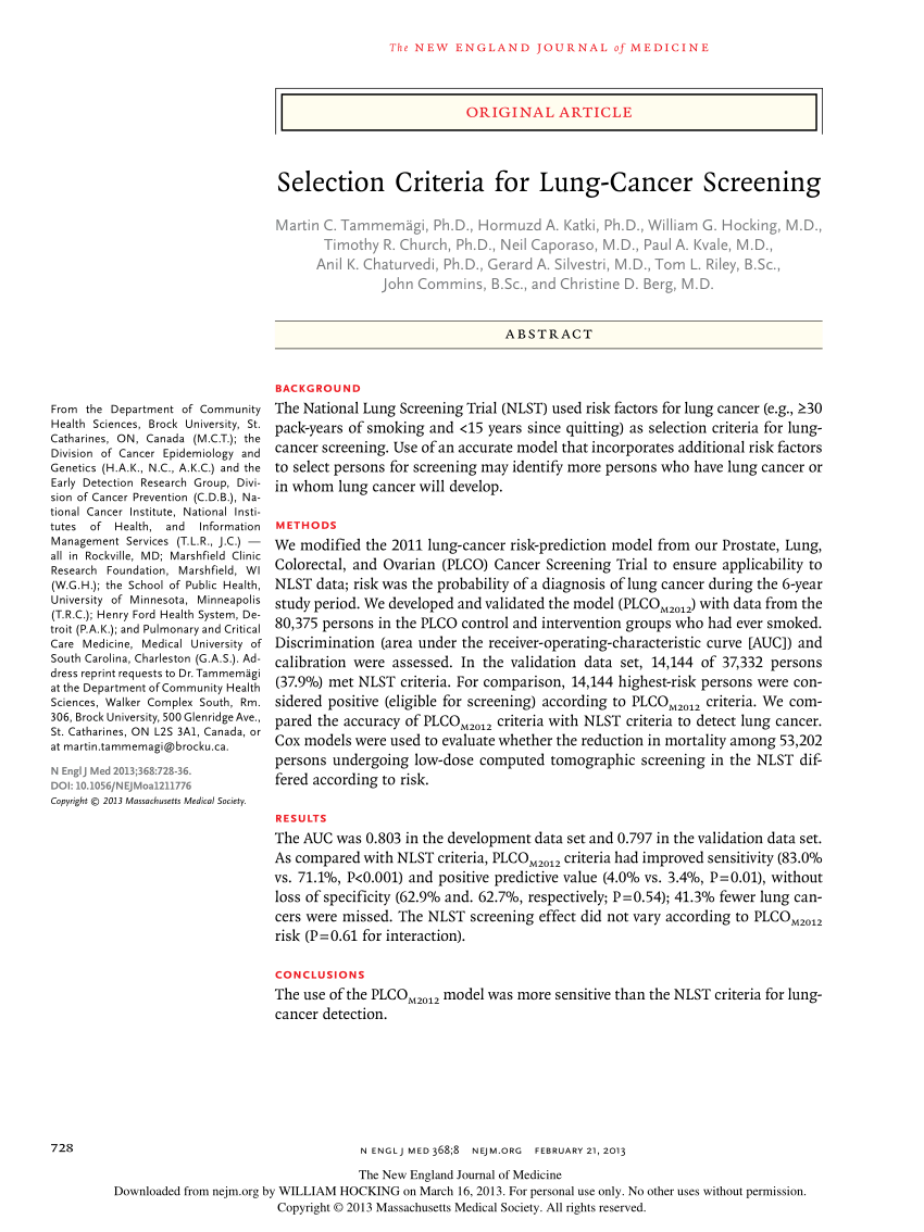 (PDF) Selection Criteria for Lung-Cancer Screening