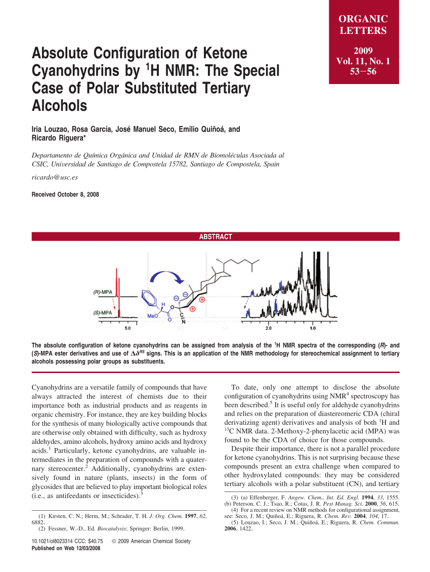 Pdf Absolute Configuration Of Ketone Cyanohydrins By H 1 Nmr The Special Case Of Polar Substituted Tertiary Alcohols