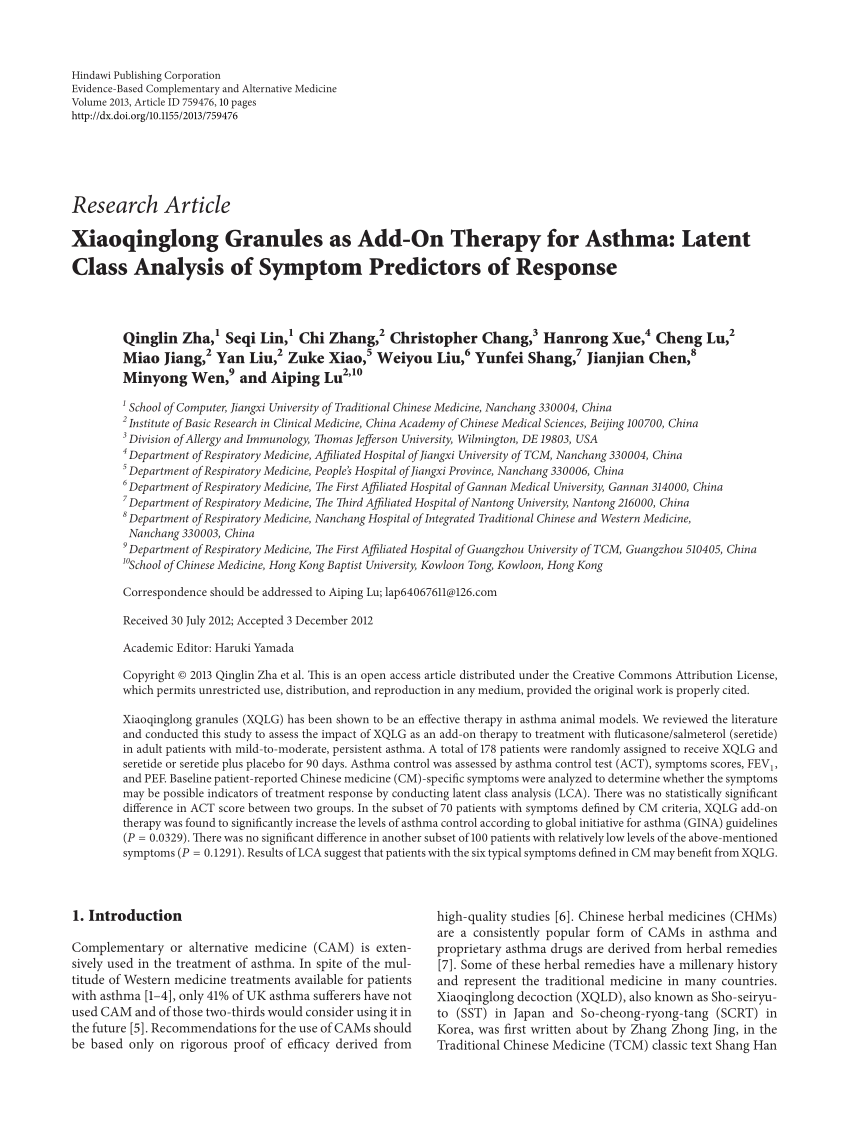 PDF) Xiaoqinglong Granules as Add-On Therapy for Asthma: Latent Class  Analysis of Symptom Predictors of Response