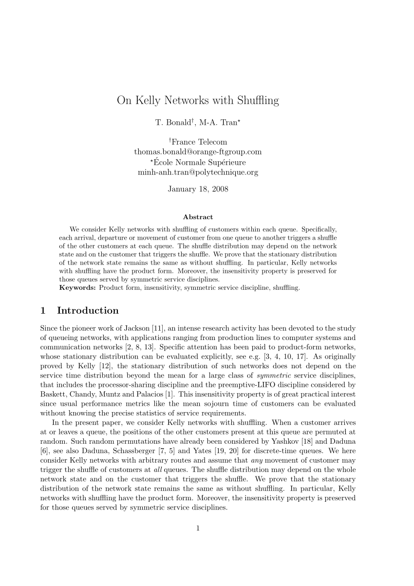 Pdf On Kelly Networks With Shuffling