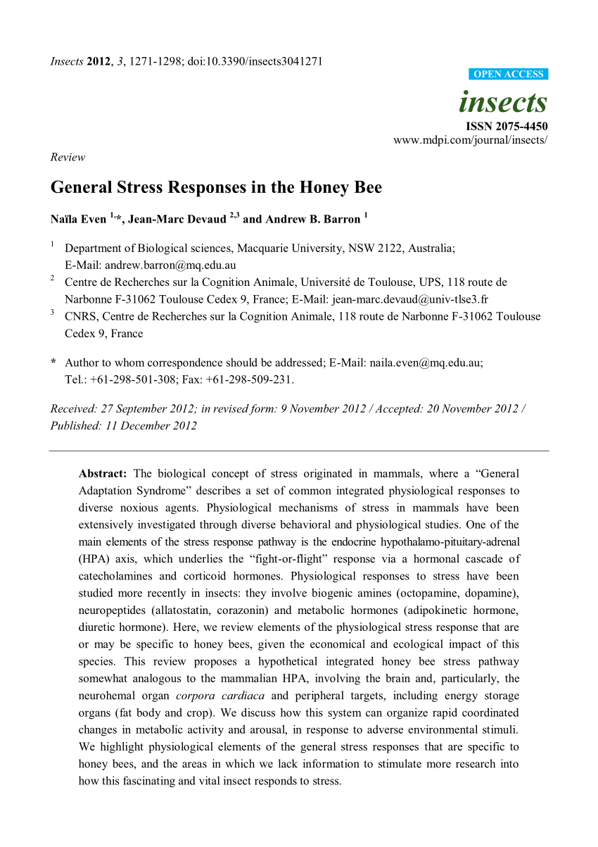 Pdf General Stress Responses In The Honey Bee