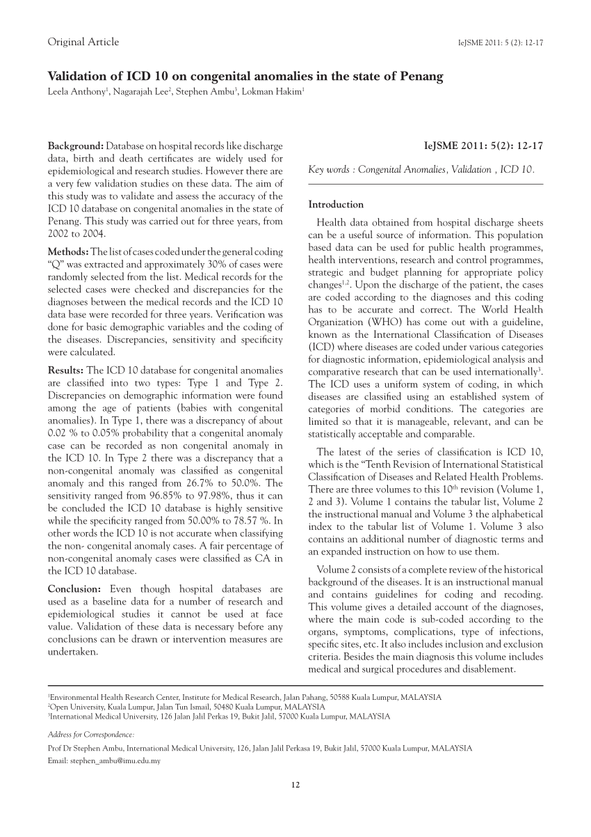 PDF) Validation Of ICD 10 On Congenital Anomalies In The State Of 